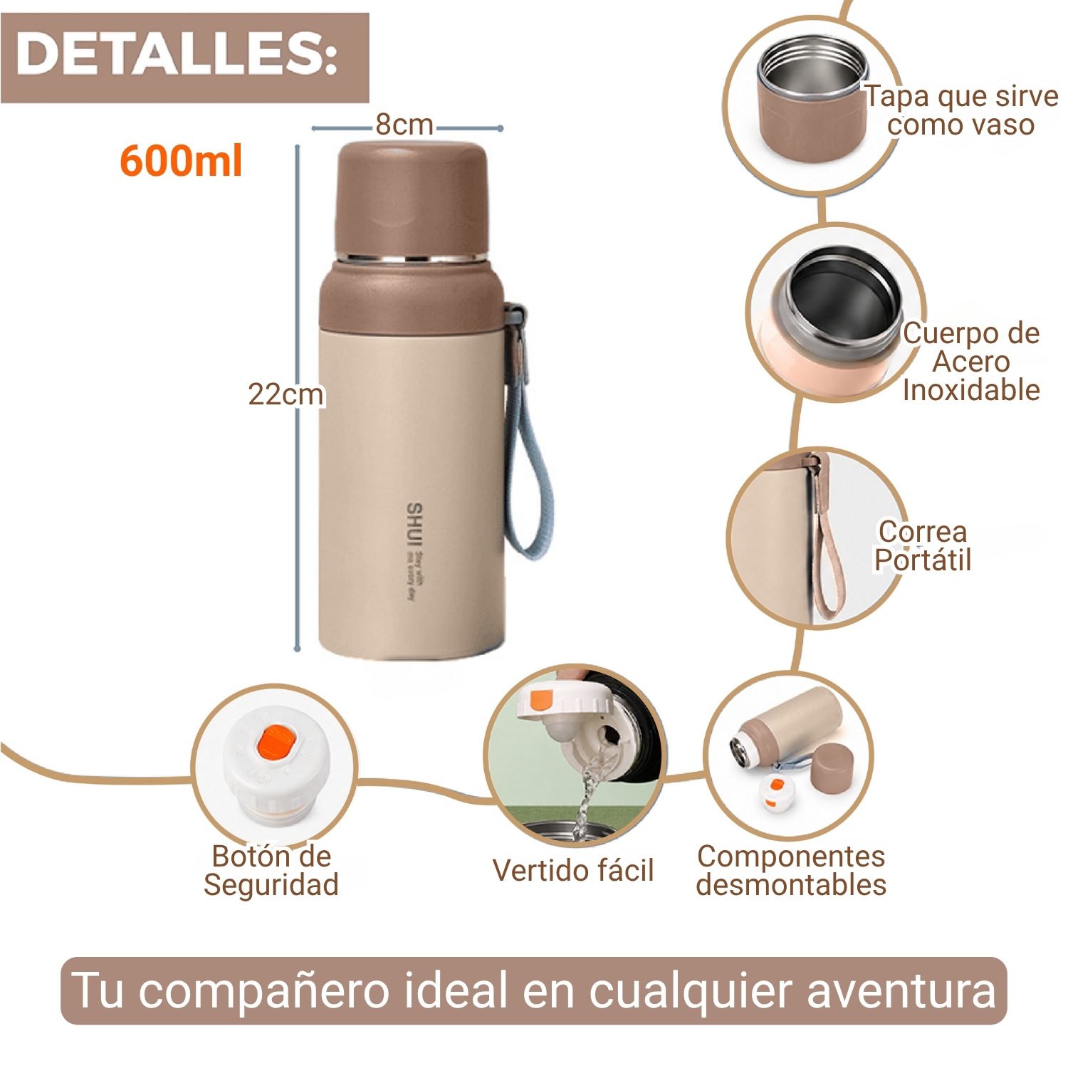 Termo Botella de Acero Inoxidable 600ml Beige - Imagen 2