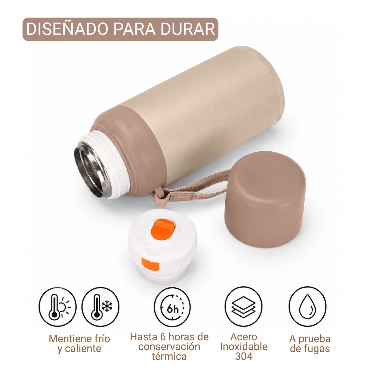 Termo Botella de Acero Inoxidable 600ml Beige - Imagen 3