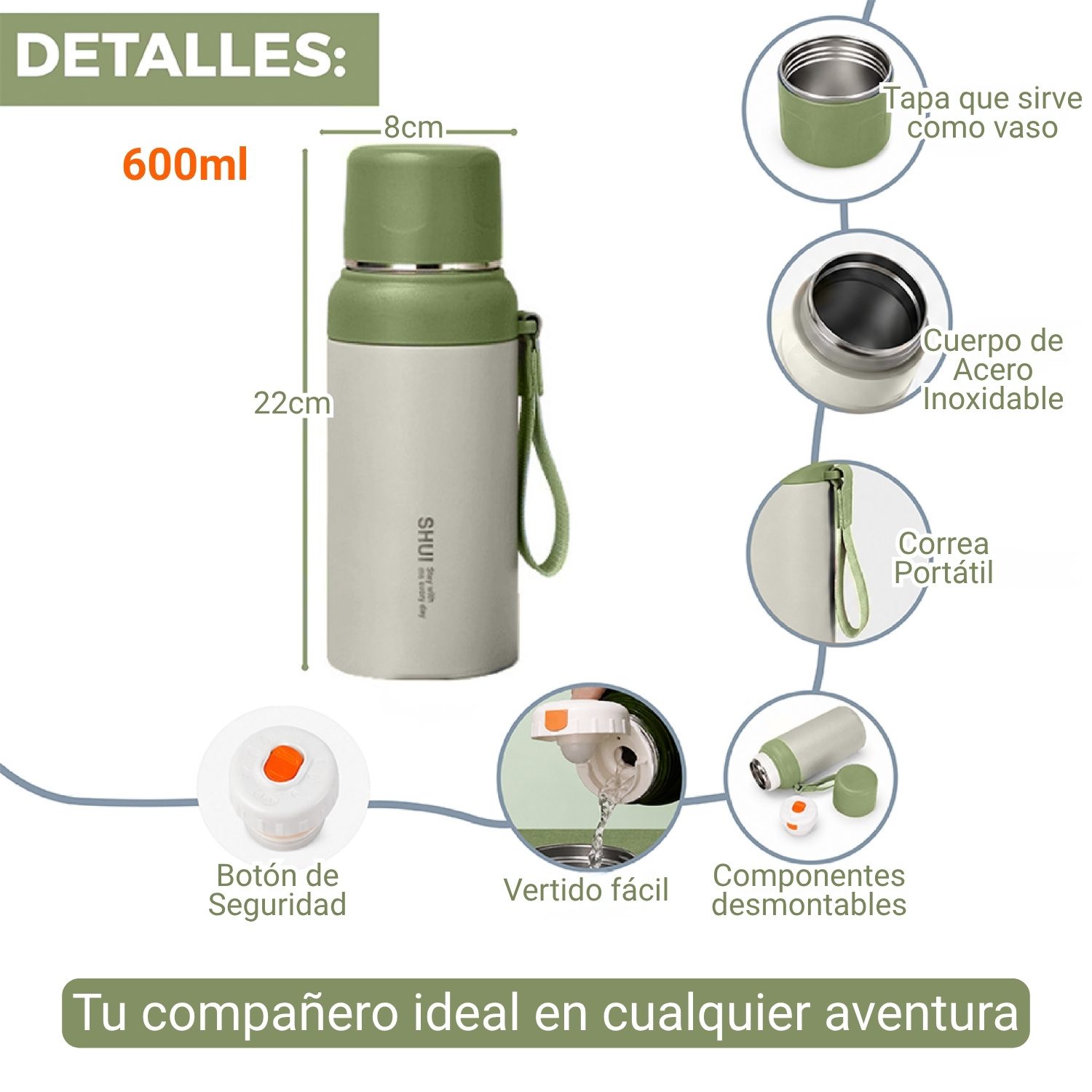 Termo Botella de Acero Inoxidable 600ml Verde - Imagen 2