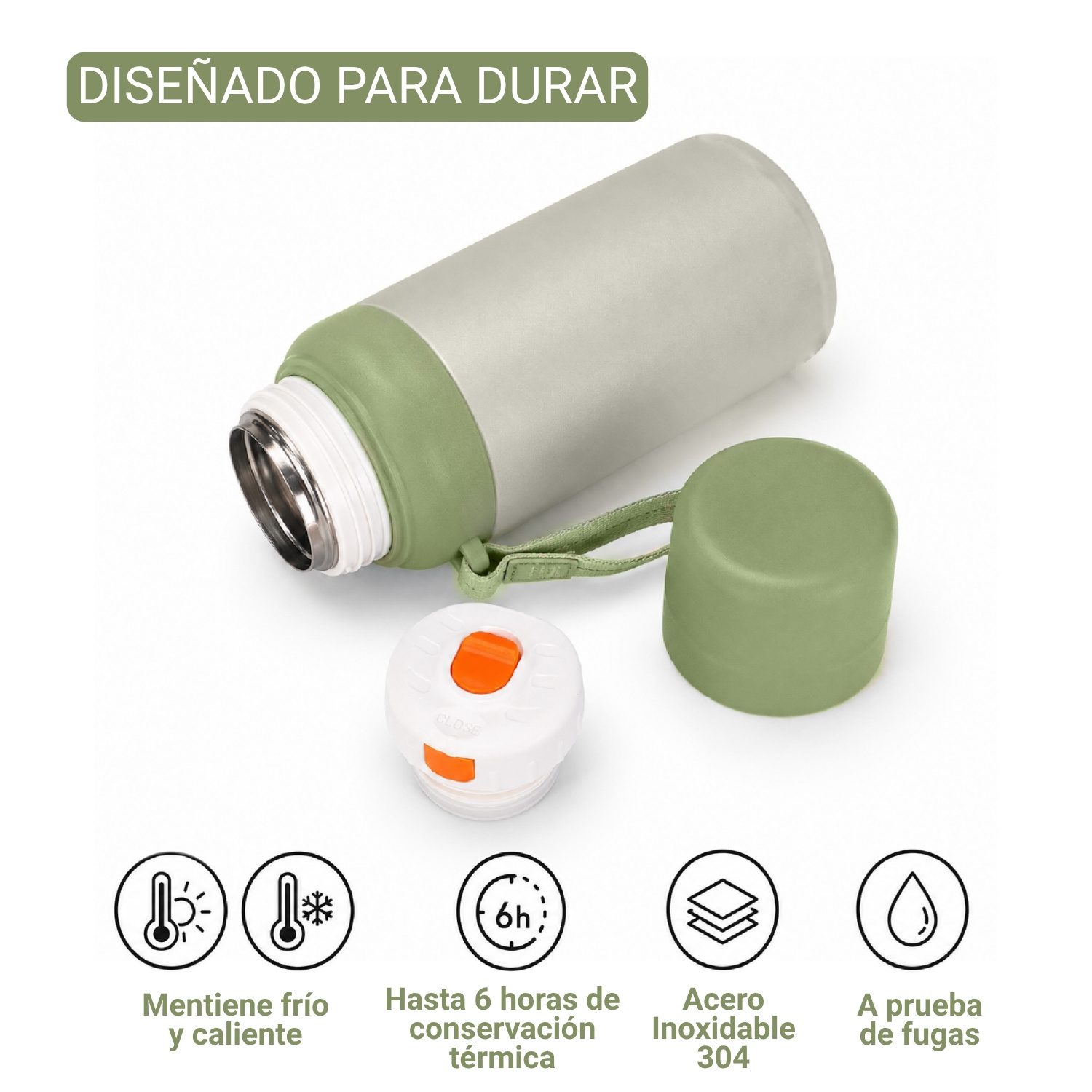 Termo Botella de Acero Inoxidable 600ml Verde - Imagen 3