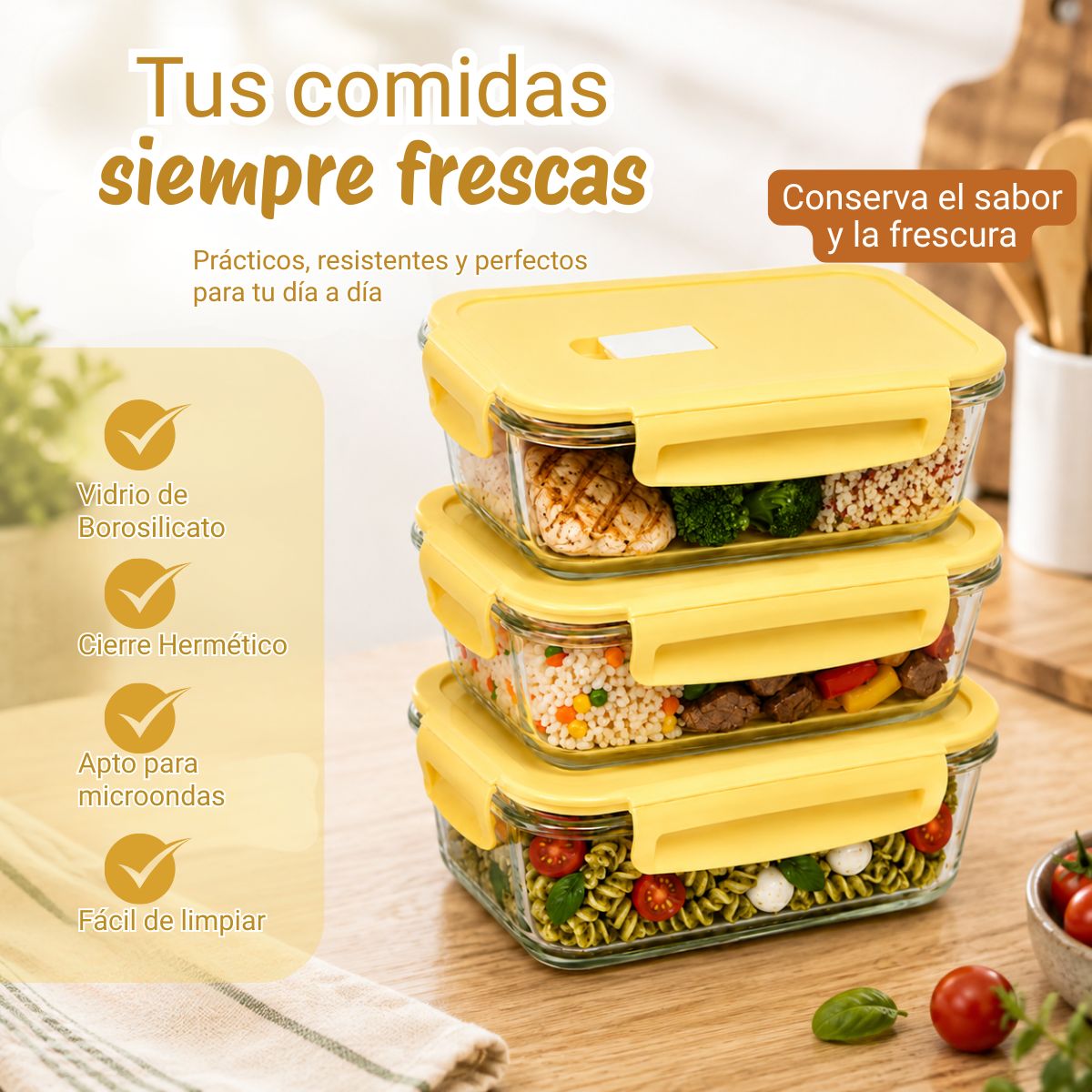Taper vidrio hermético pack 3 de 1040ml con tapa silicona Vainilla - Imagen 4