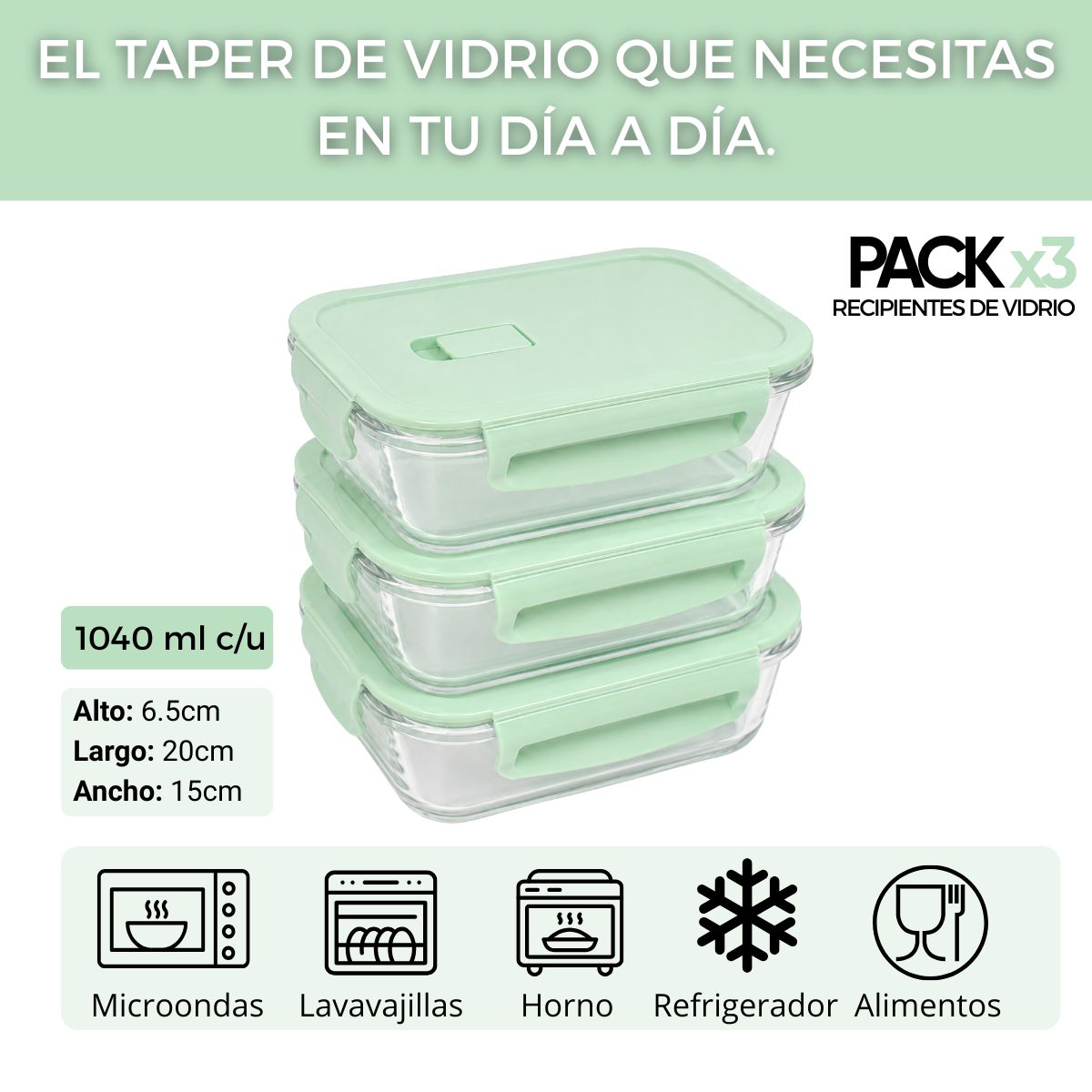 Taper vidrio hermético pack 3 de 1040ml con tapa silicona Jade - Imagen 3