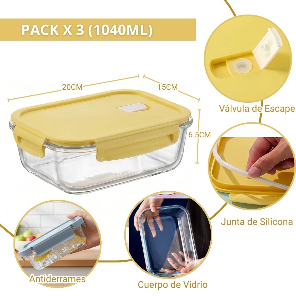 Taper vidrio hermético pack 3 de 1040ml con tapa silicona Vainilla - Imagen 2