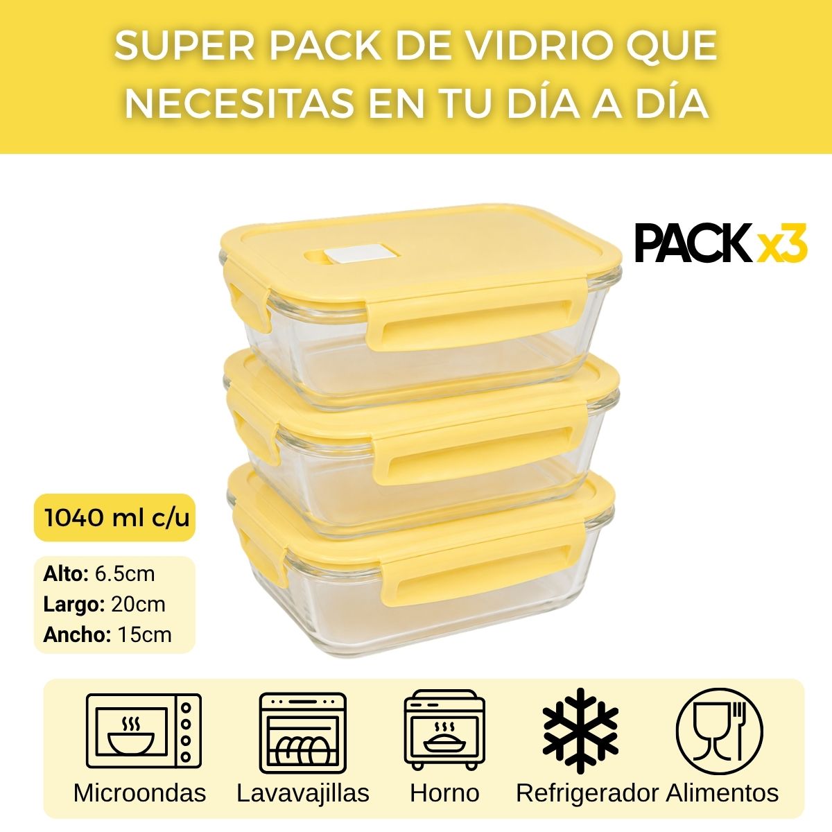 Taper vidrio hermético pack 3 de 1040ml con tapa silicona Vainilla - Imagen 3