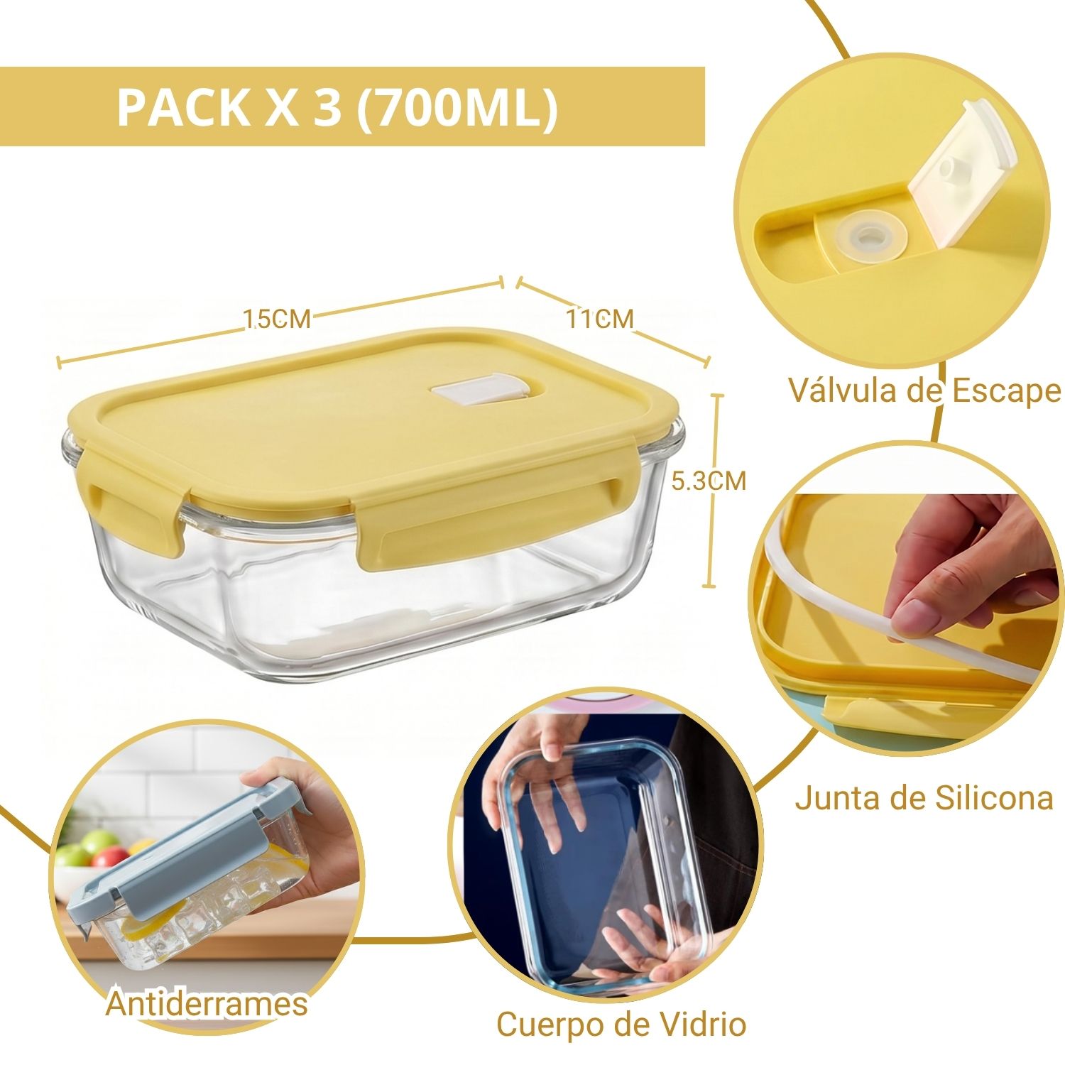 Taper de Vidrio Hermético 700ml Rectangular 3 Pzs Vainilla - Imagen 2