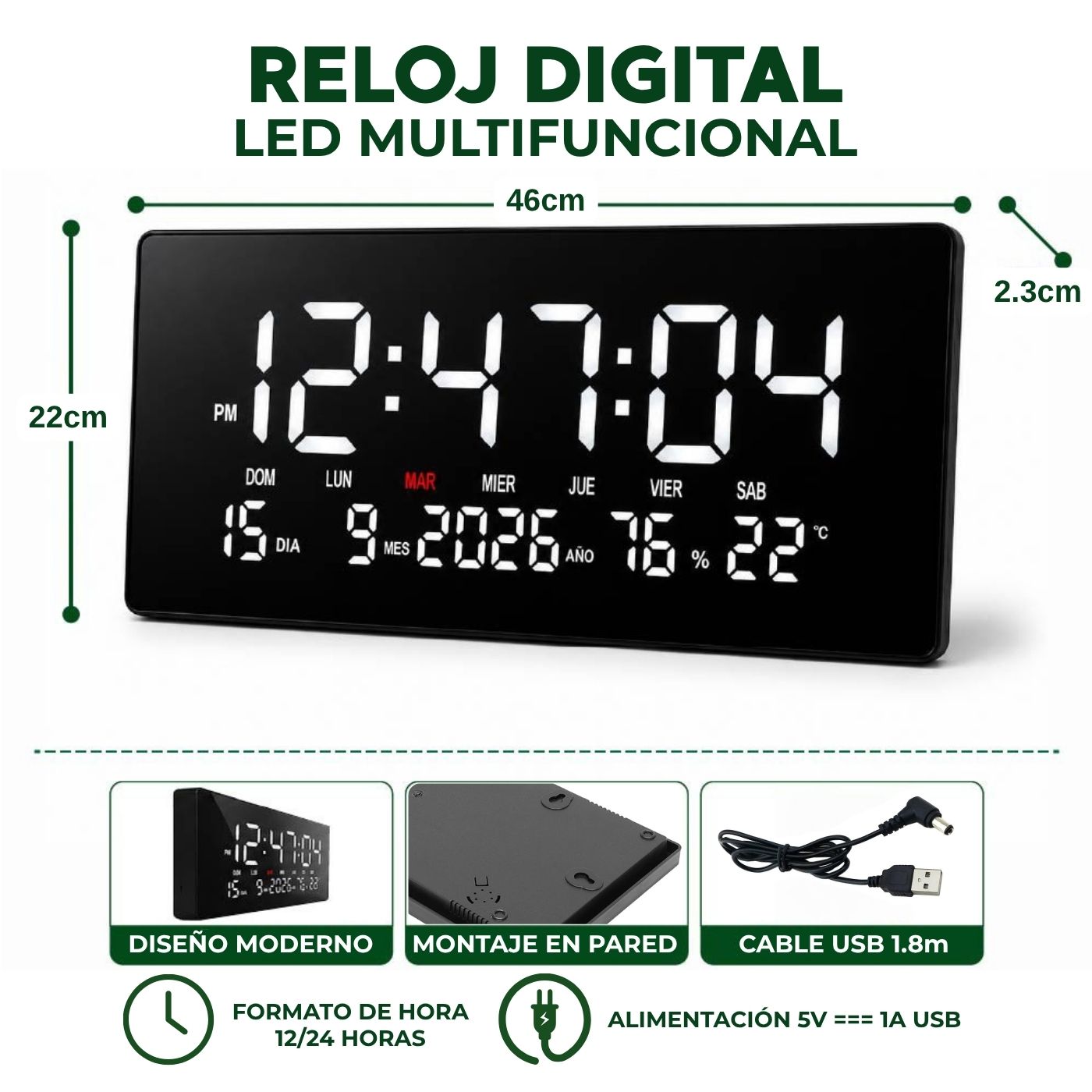 Reloj Digital LED de Pared 46 cm con Temperatura y Humedad Blanco - Imagen 2
