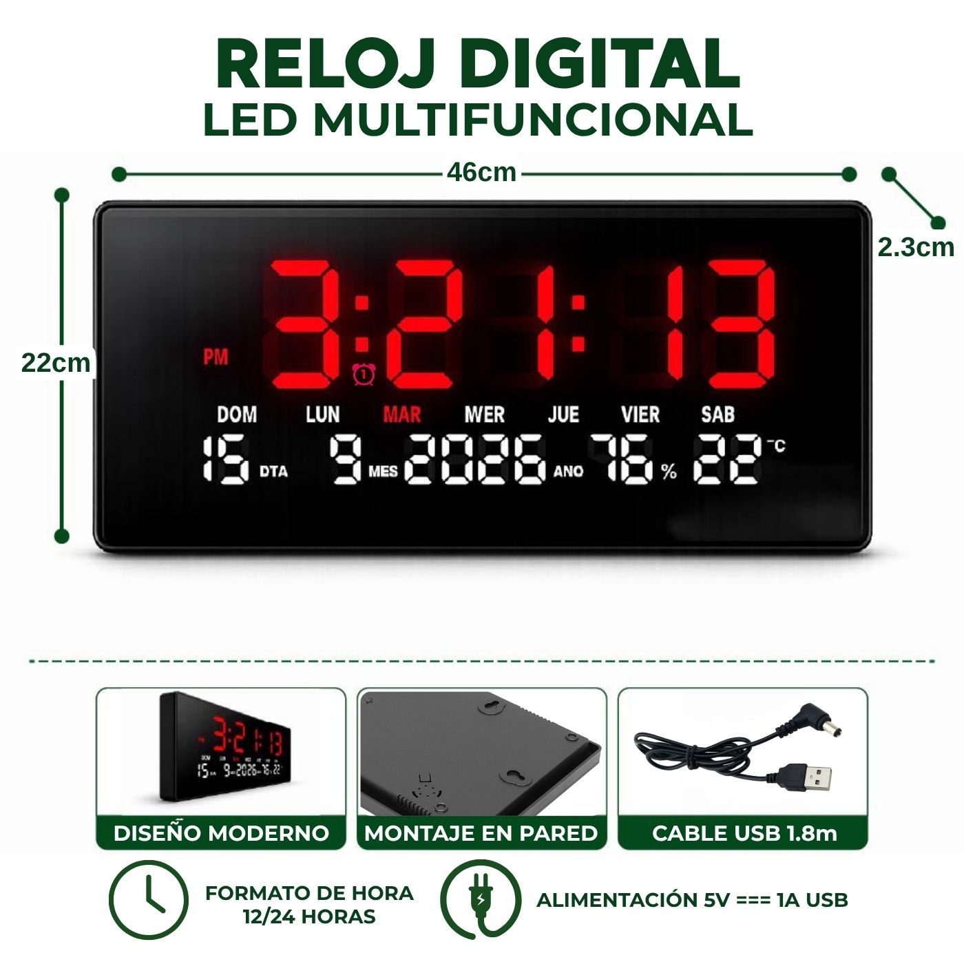 Reloj Digital LED de Pared 46 cm con Temperatura y Humedad Rojo - Imagen 2