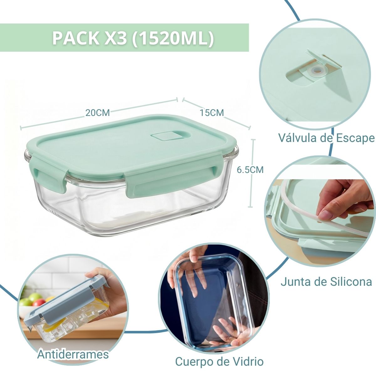 Taper de Vidrio Hermético 1520ml Rectangular - 3 Und Jade - Imagen 2