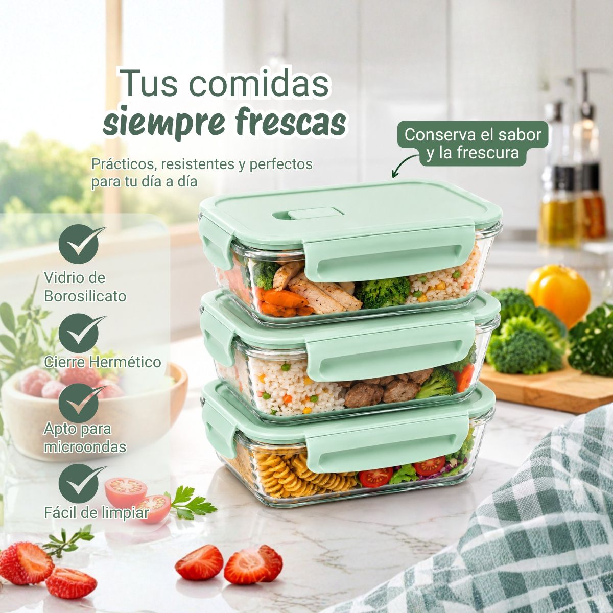 Taper de Vidrio Hermético 1520ml Rectangular - 3 Und Jade - Imagen 3