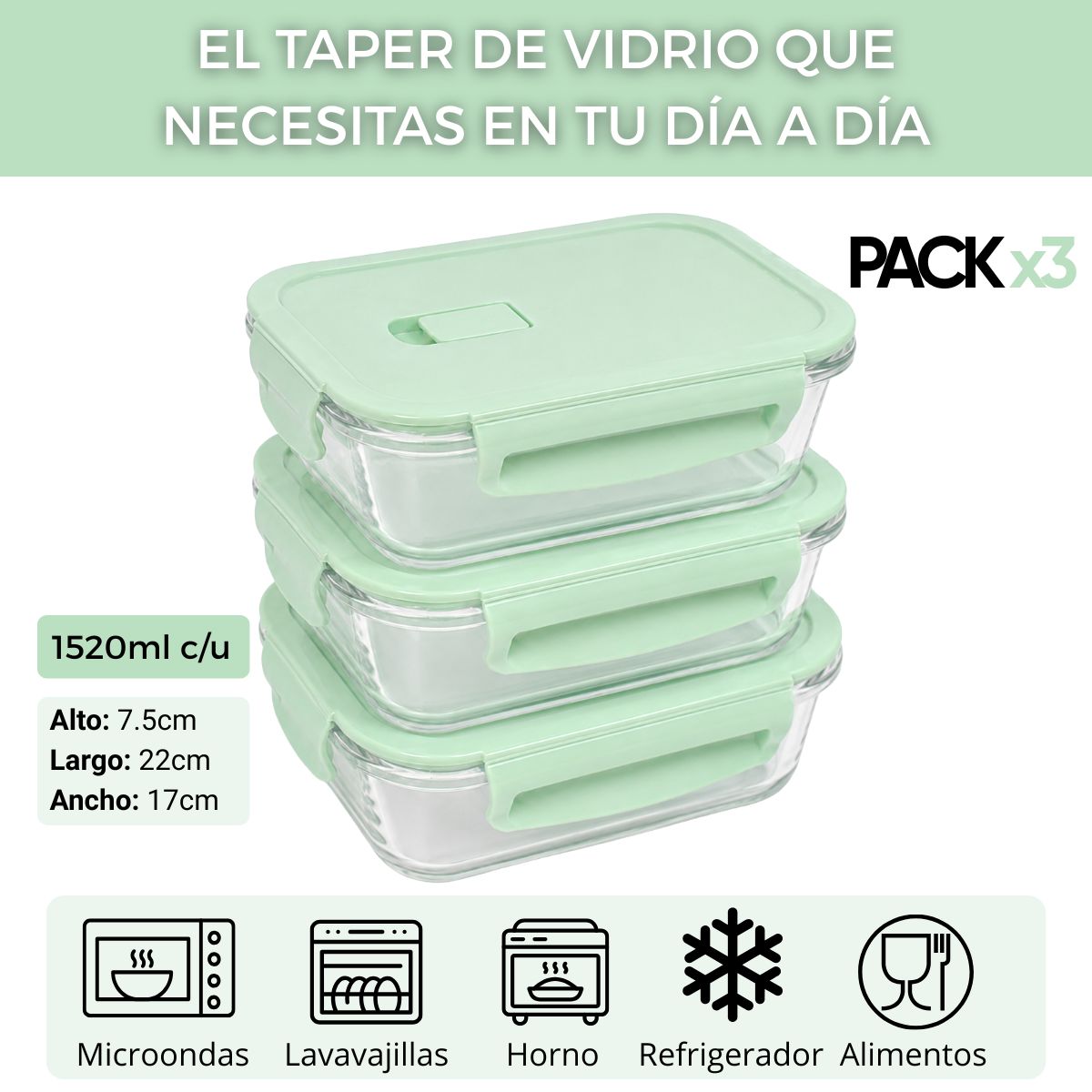 Taper de Vidrio Hermético 1520ml Rectangular - 3 Und Jade - Imagen 4