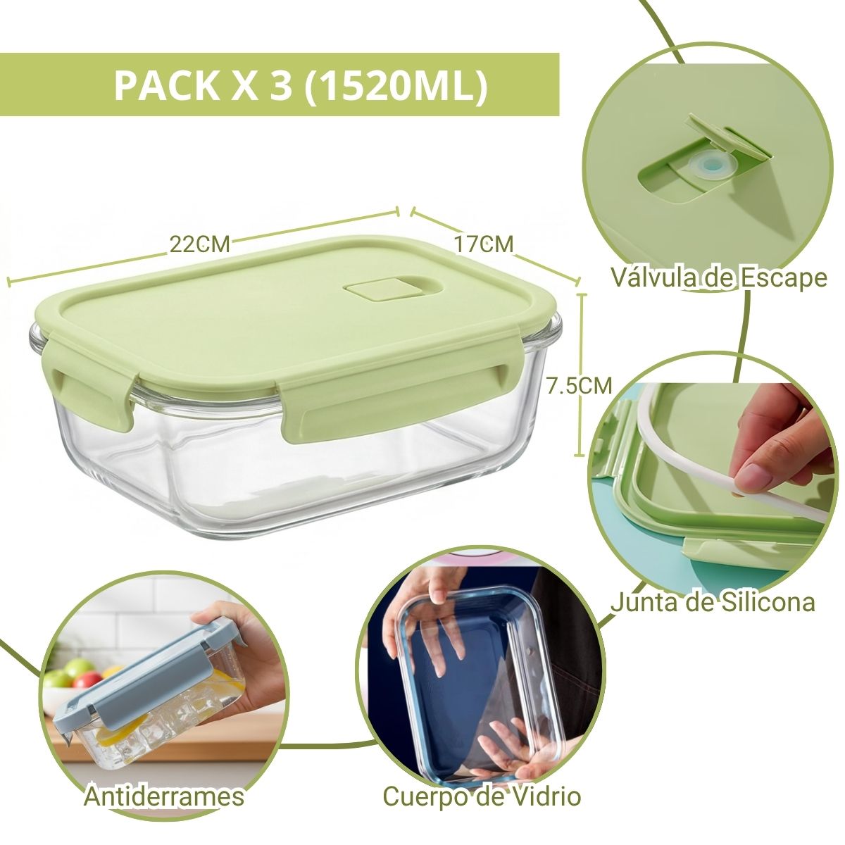 Taper de Vidrio Hermético 1520ml Rectangular - 3 Und Verde - Imagen 2