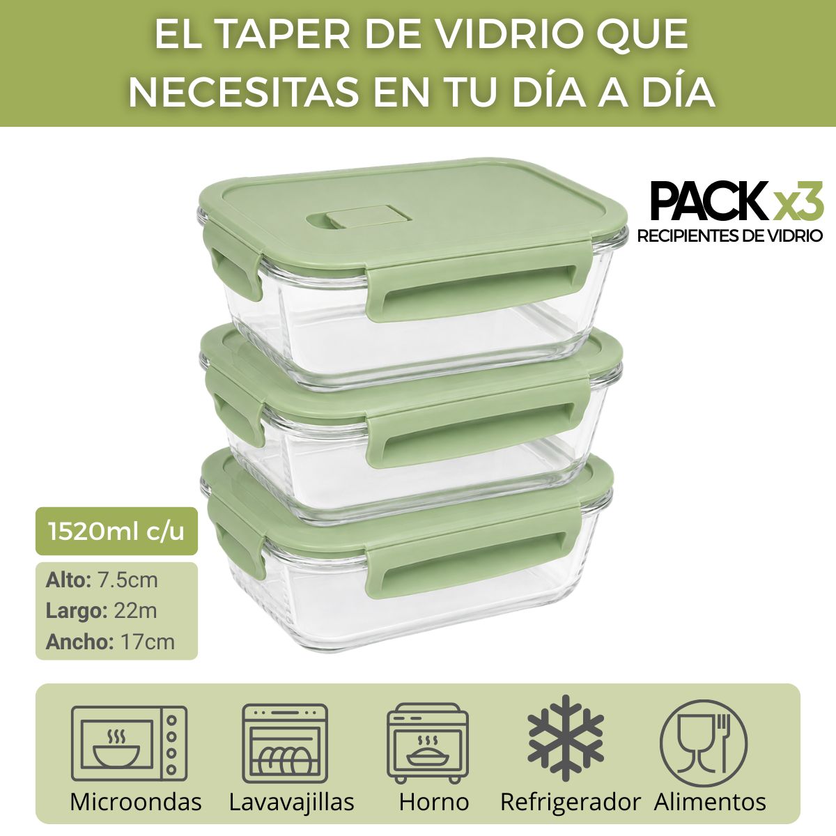 Taper de Vidrio Hermético 1520ml Rectangular - 3 Und Verde - Imagen 3