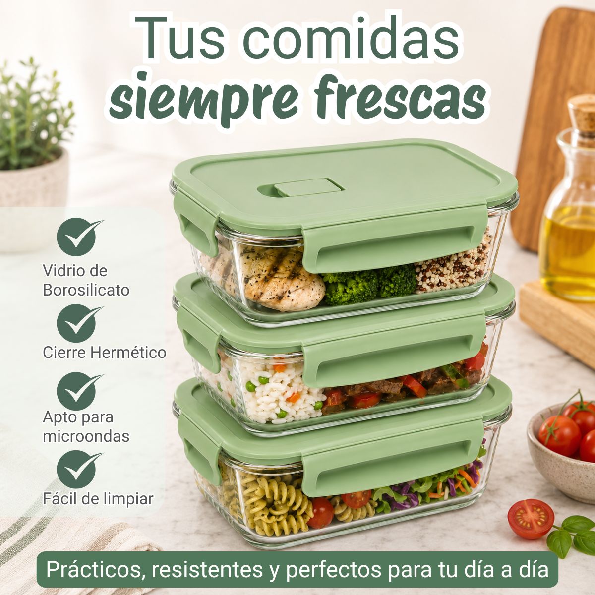 Taper de Vidrio Hermético 1520ml Rectangular - 3 Und Verde - Imagen 4