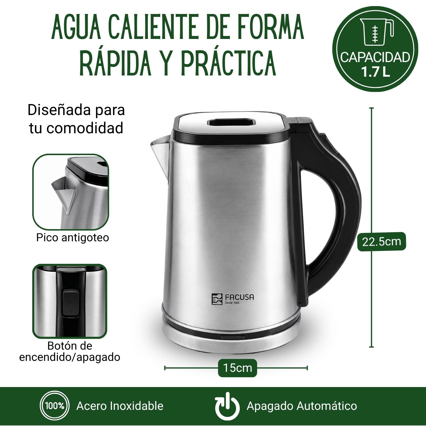 Hervidor Eléctrico de Acero Inoxidable Facusa 1.7L - Imagen 3