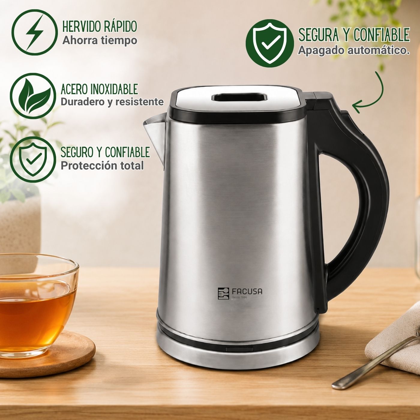 Hervidor Eléctrico de Acero Inoxidable Facusa 1.7L - Imagen 4