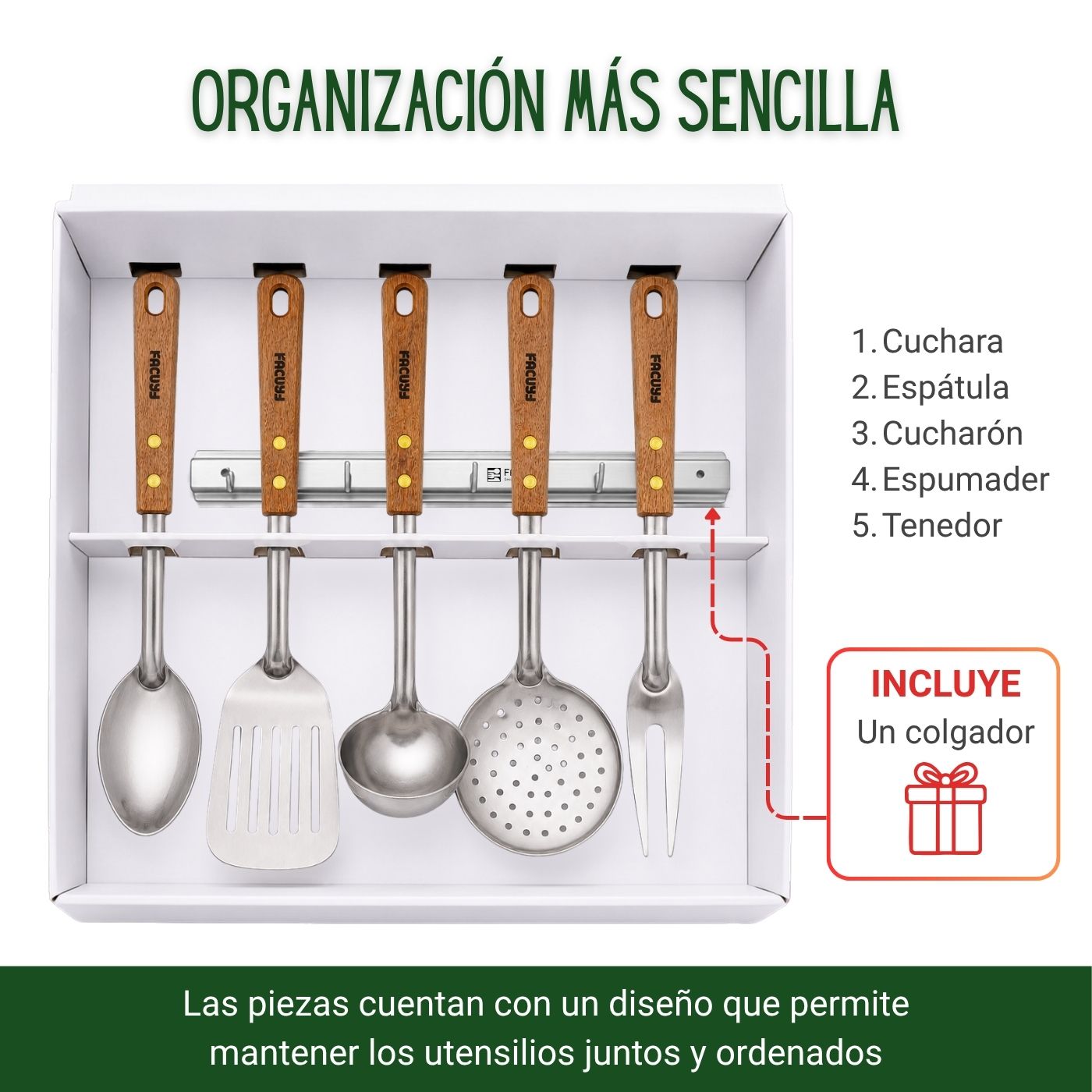 Set de Utensilios de Cocina Facusa – Acero Inox y Mango de Madera - Imagen 4
