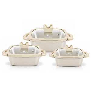 Juego de Ollas de Roca Volcánica N° 16, 20 y 22cm KitchenHoff 6 piezas C-1213 Crema