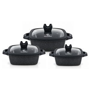 Juego de Ollas de Roca Volcánica N° 16, 20 y 22cm KitchenHoff 6 piezas C-1213 Negro