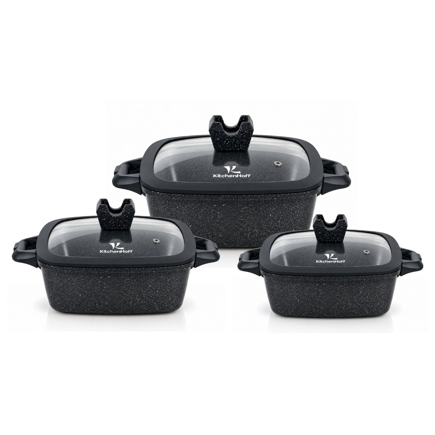 Juego de Ollas de Roca Volcánica N° 16, 20 y 22cm KitchenHoff 6 piezas C-1213 Negro