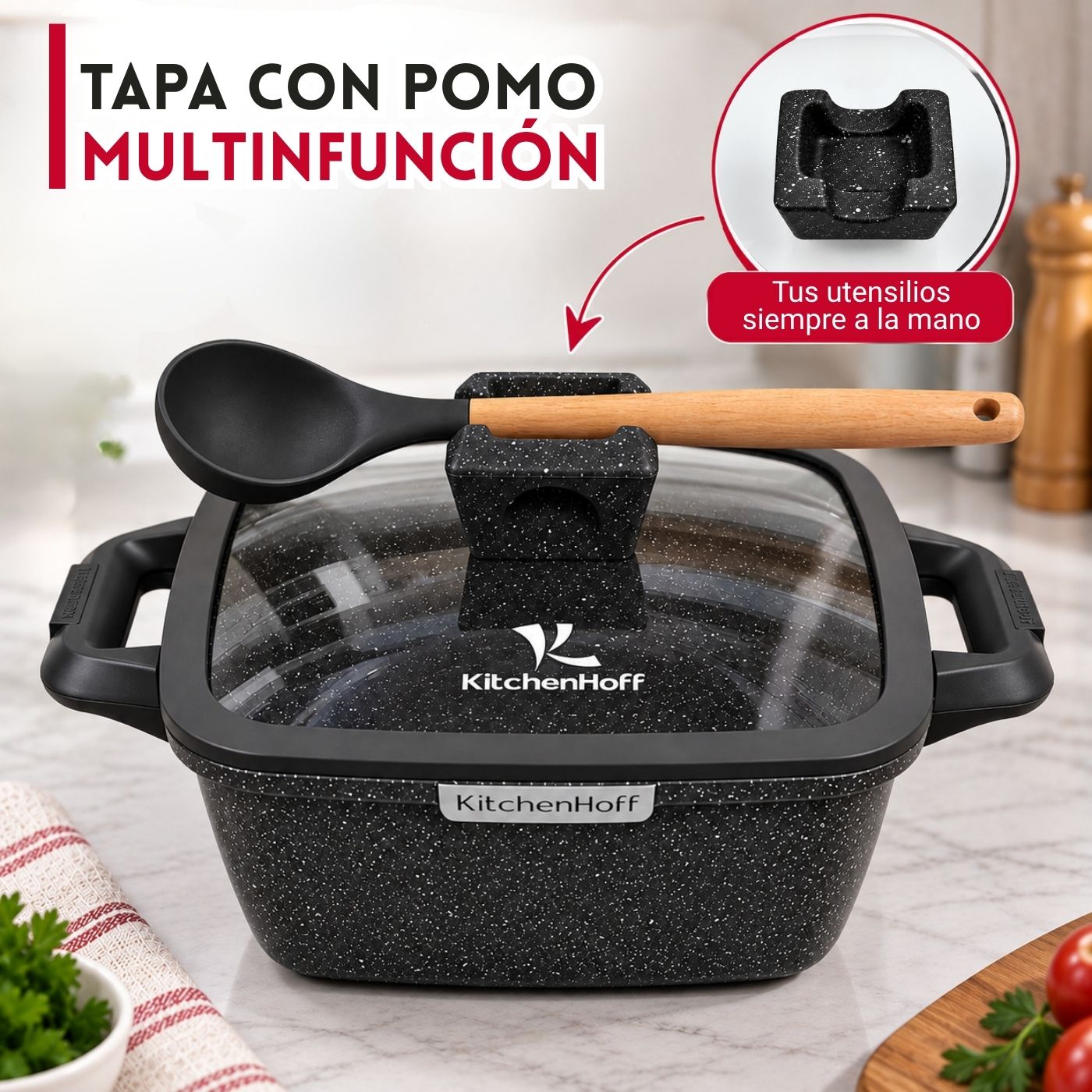 Juego de Ollas de Roca Volcánica N° 16, 20 y 22cm KitchenHoff 6 piezas C-1213 Negro - Imagen 2