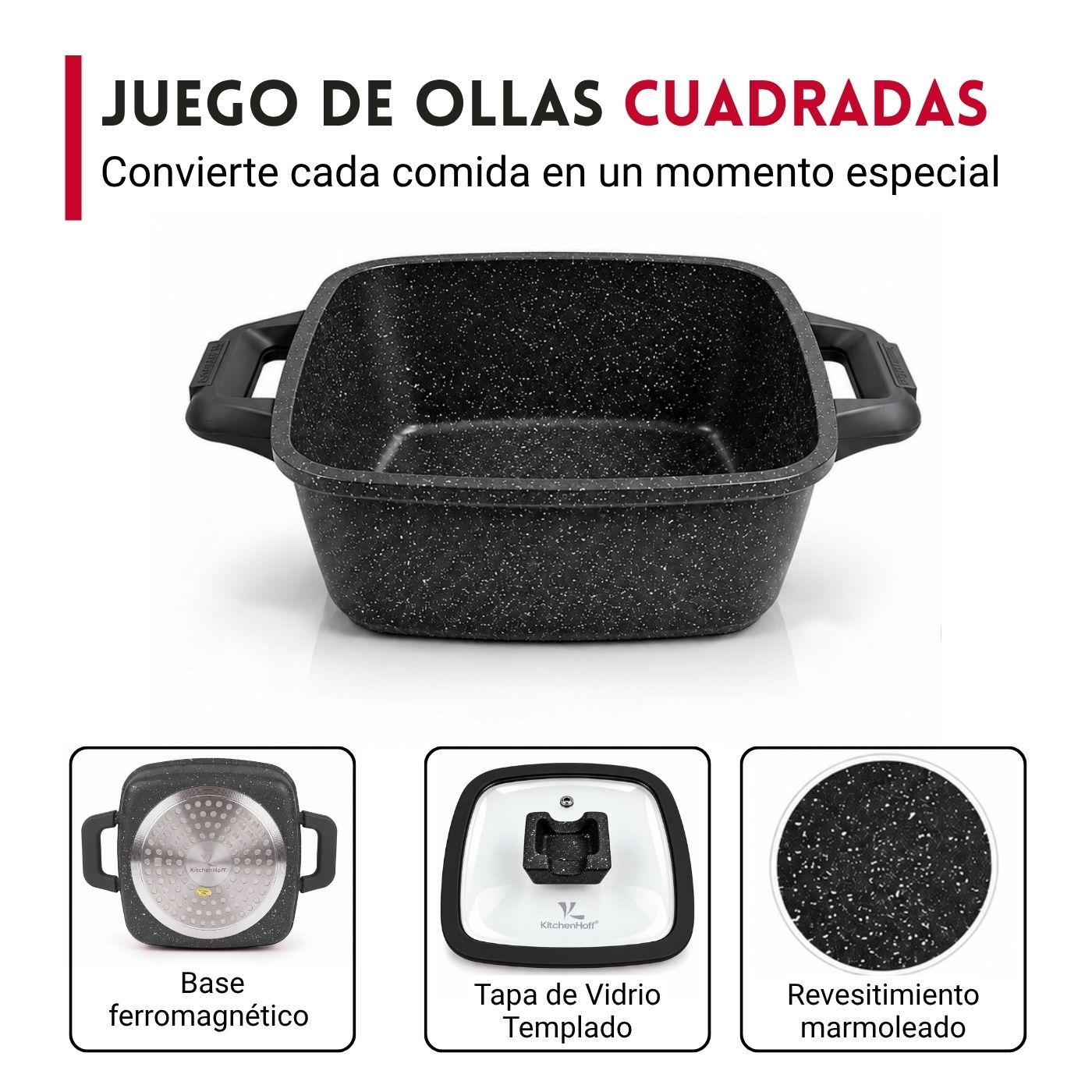Juego de Ollas de Roca Volcánica N° 16, 20 y 22cm KitchenHoff 6 piezas C-1213 Negro - Imagen 3