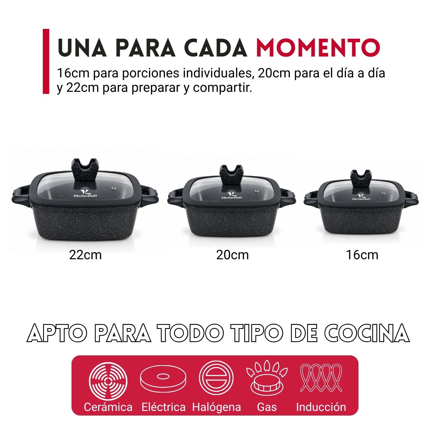Juego de Ollas de Roca Volcánica N° 16, 20 y 22cm KitchenHoff 6 piezas C-1213 Negro - Imagen 4