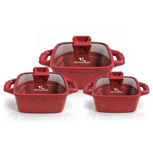 Juego de Ollas de Roca Volcánica N° 16, 20 y 22cm KitchenHoff 6 piezas C-1213 Rojo