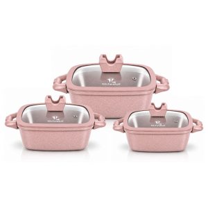 Juego de Ollas de Roca Volcánica N° 16, 20 y 22cm KitchenHoff 6 piezas C-1213 Rosa