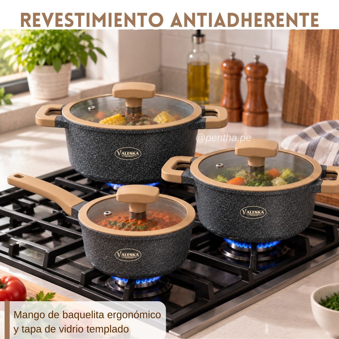 Juego de ollas 11 piezas roca volcánica para cocina Gris - Imagen 4