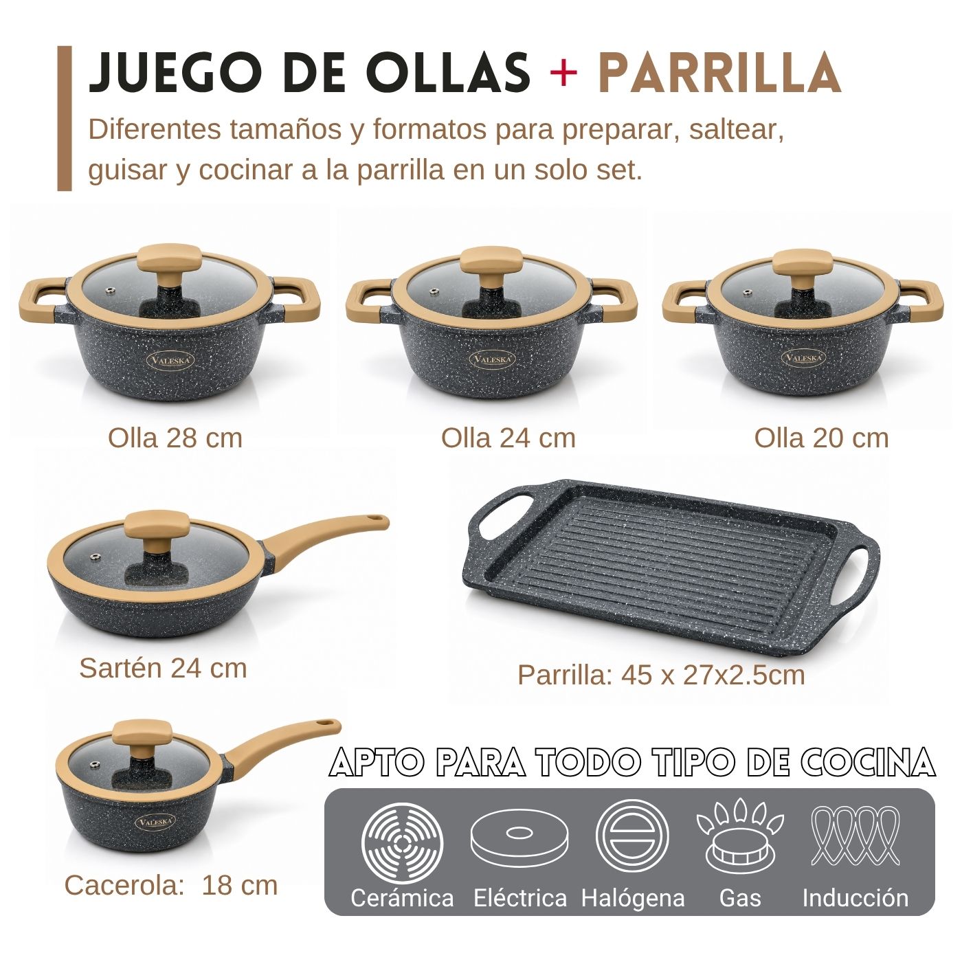 Juego de ollas 11 piezas roca volcánica para cocina Gris - Imagen 2
