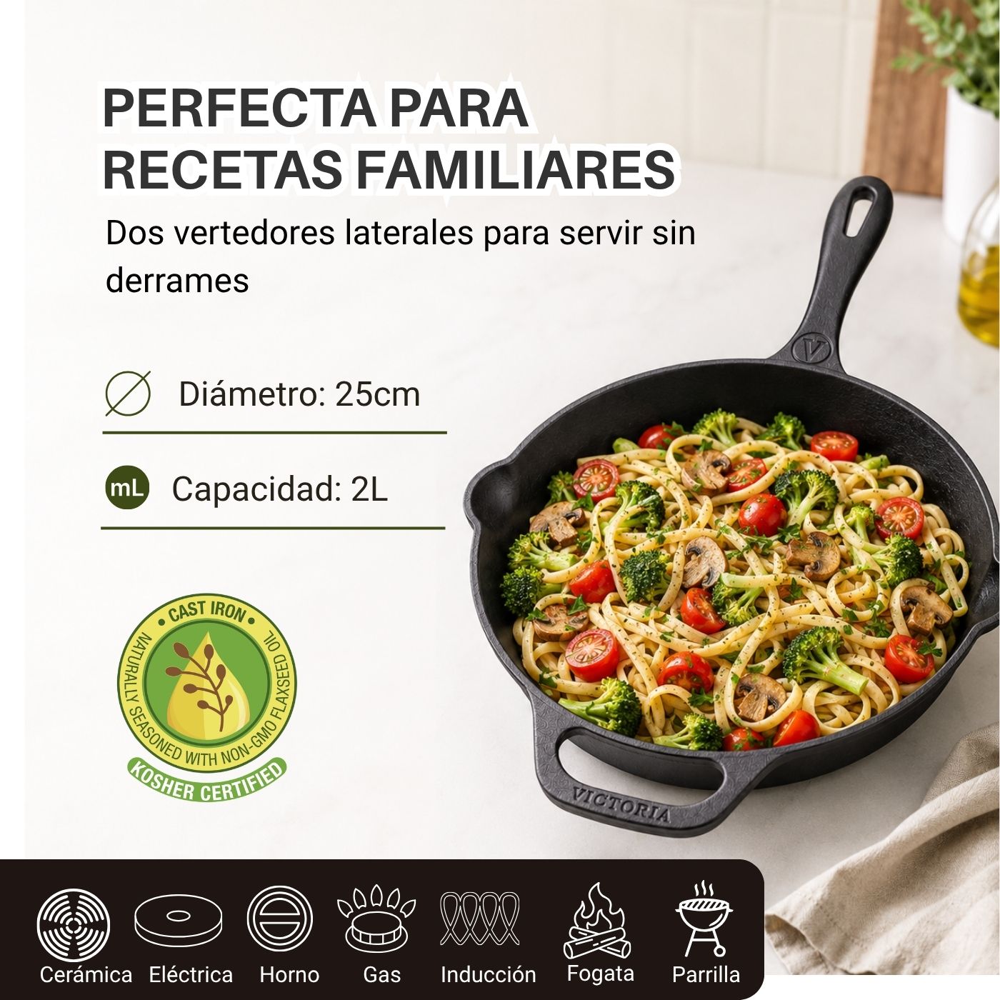 Sartén Victoria Hierro Fundido 25cm Curado para Horno - Imagen 3