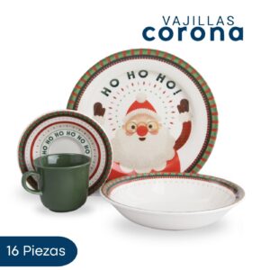 Vajilla Corona Ho Ho Ho Navideña 16 piezas para 4 Personas